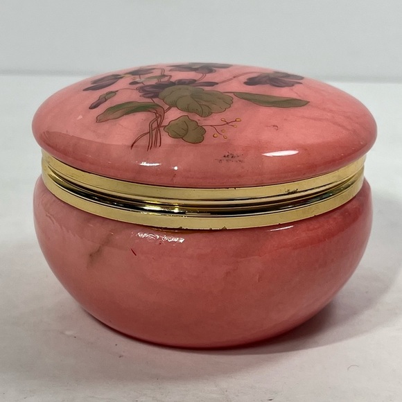 Hand Carved Genuine Alabaster Pink Trinket Hinged Box Made in Italy Floral - Picture 1 of 9